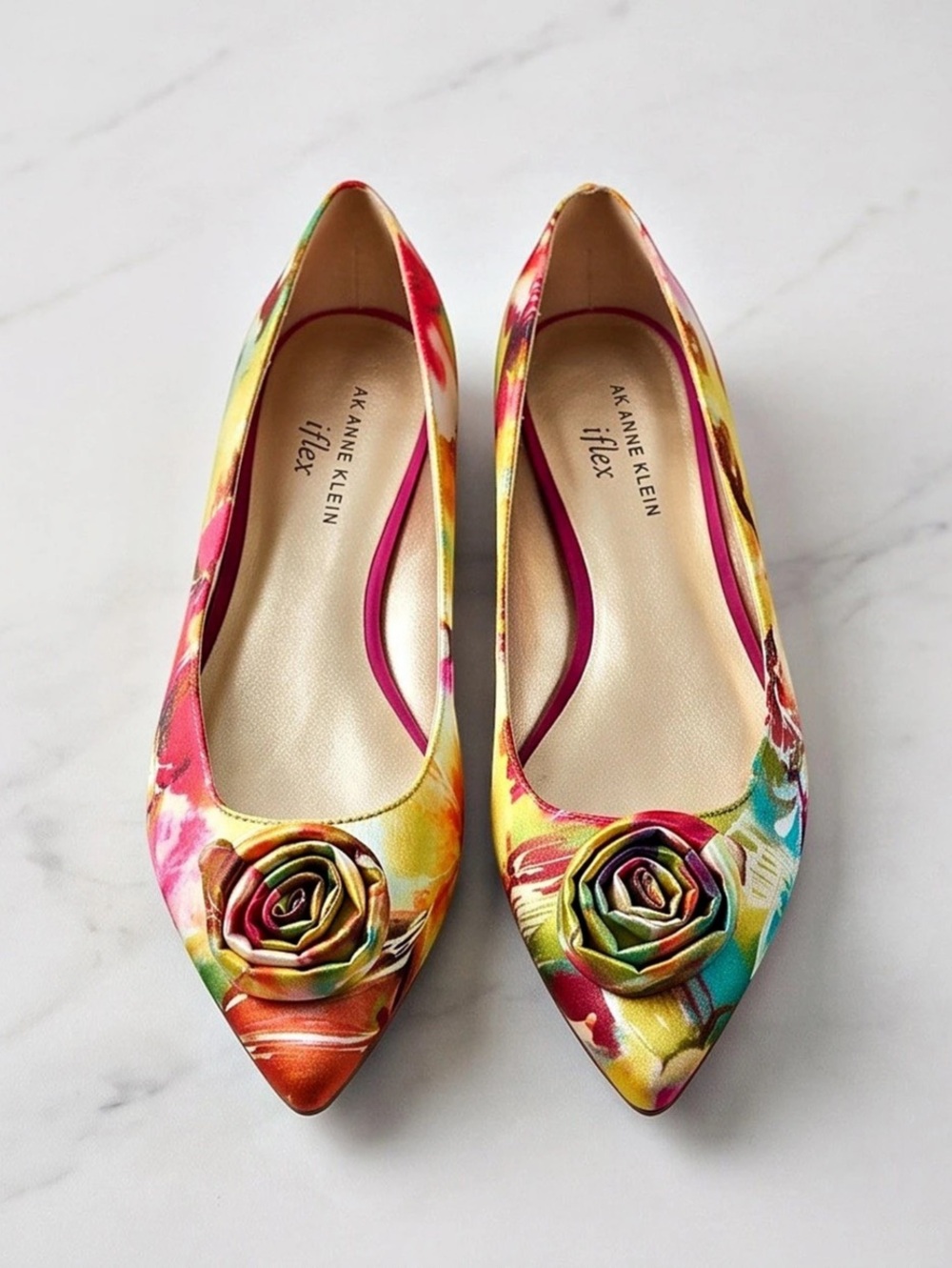 Anne Klein iFlex Collection Floral Pointed-Toe Flats in Multicolor Like New
